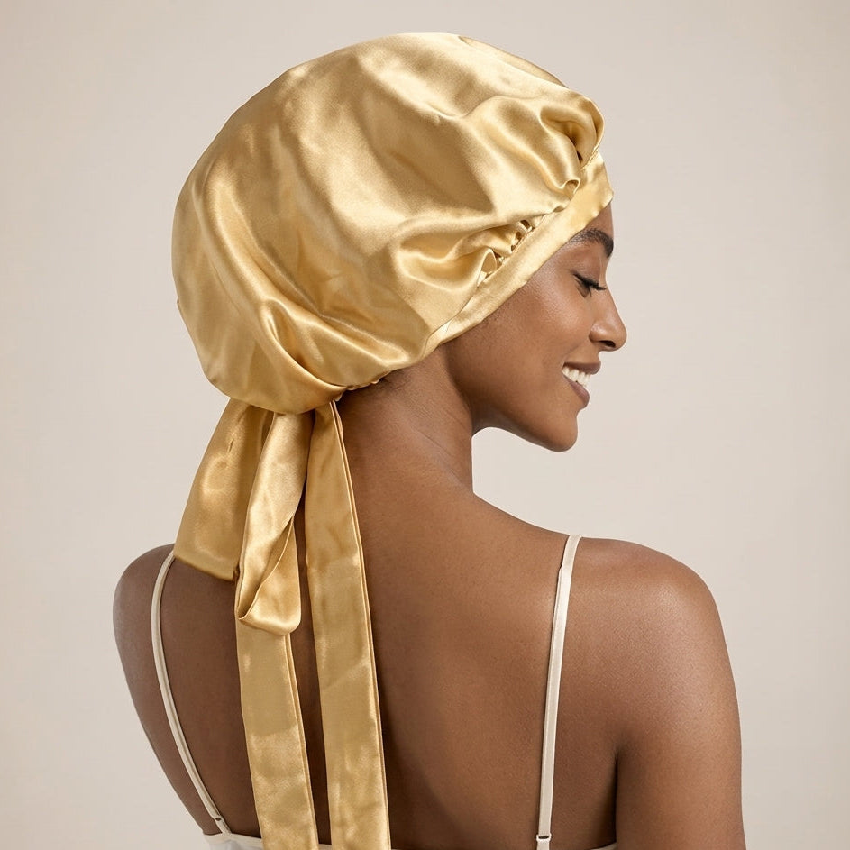 Femme de profil portant un bonnet de nuit en soie de mûrier doré pour protéger les cheveux pendant le sommeil.