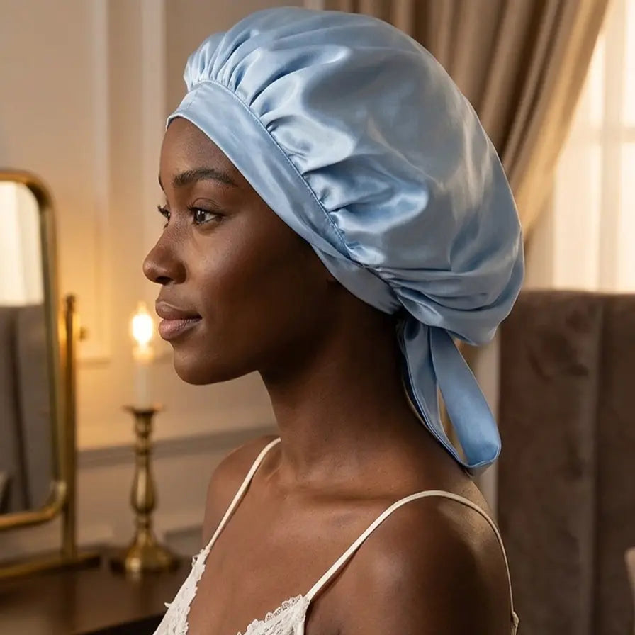 Bonnet de nuit bleu ciel en soie de mûrier porté de profil dans un intérieur doux et chaleureux