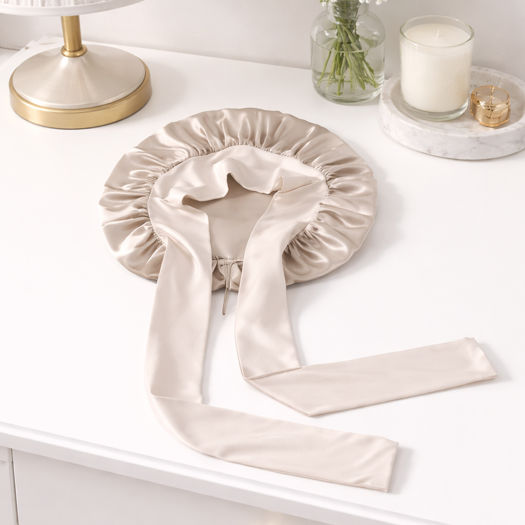 Bonnet de nuit couleur champagne en soie de mûrier posé sur une surface blanche avec accessoires déco