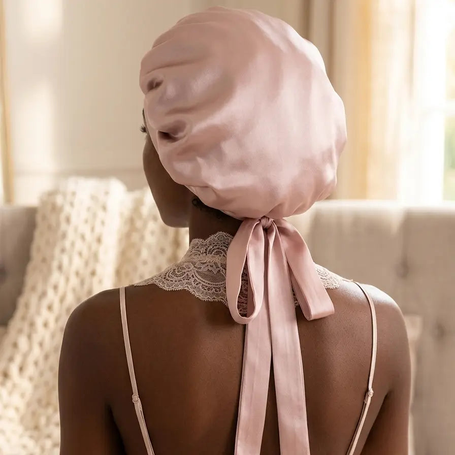 Bonnet de nuit rose poudré en soie de mûrier vu de dos, noué avec un ruban