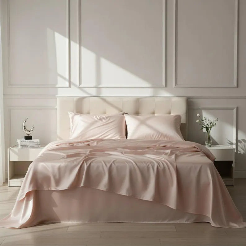 Chambre élégante avec parure de lit en satin de soie rose et tête de lit capitonnée crème