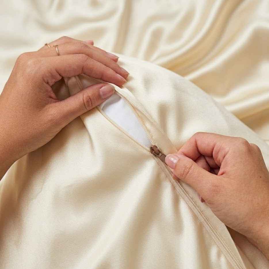 Gros plan sur les mains manipulant la fermeture éclair invisible d'une taie d'oreiller en soie de mûrier ivoire de haute qualité.