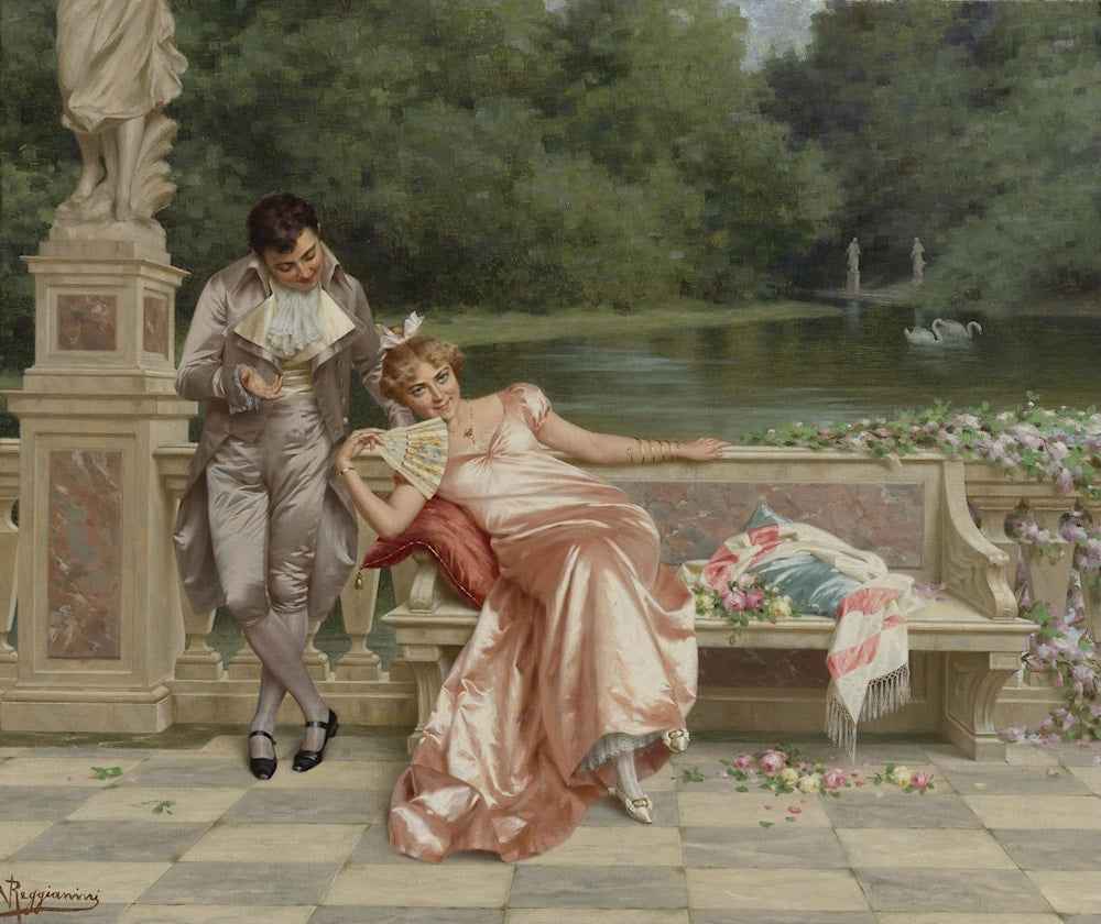 Peinture de Vittorio Reggianini représentant un couple élégant en vêtements de soie rose et champagne dans un jardin romantique.