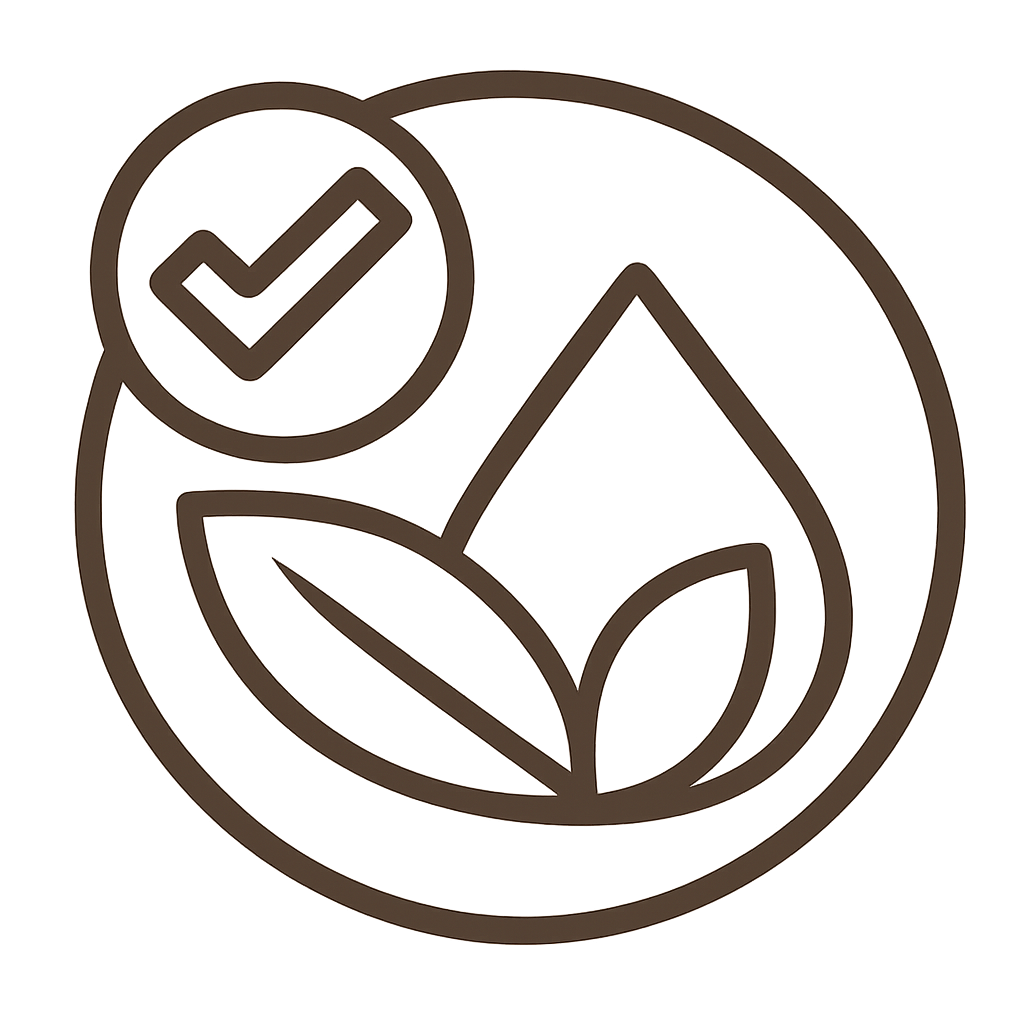 Icône représentant une goutte entourée de feuilles avec un symbole de validation écologique