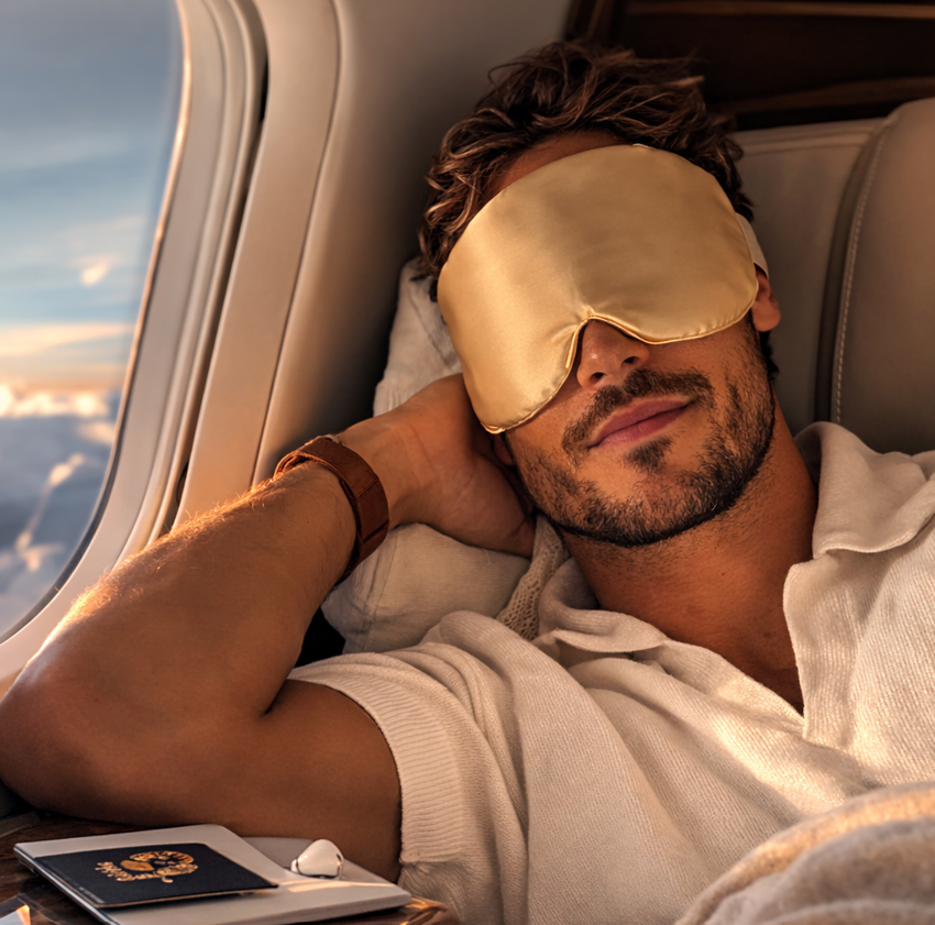 Masque de sommeil beige en soie de mûrier porté en avion pour un confort premium en voyage