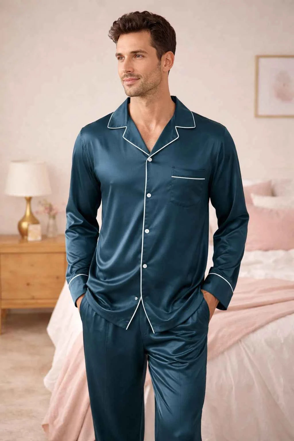 Homme portant un pyjama long élégant en soie de mûrier bleu canard avec liseré blanc, idéal pour un confort de nuit haut de gamme.